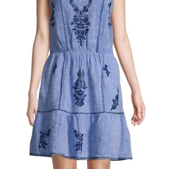 Anthropologie Roller Rabbit Mini Dress Embroidered Linen Blue Sleeveless Size XS - Picture 4 of 16